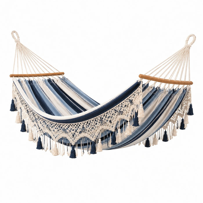 Amaca in cotone con frange blu e bianco