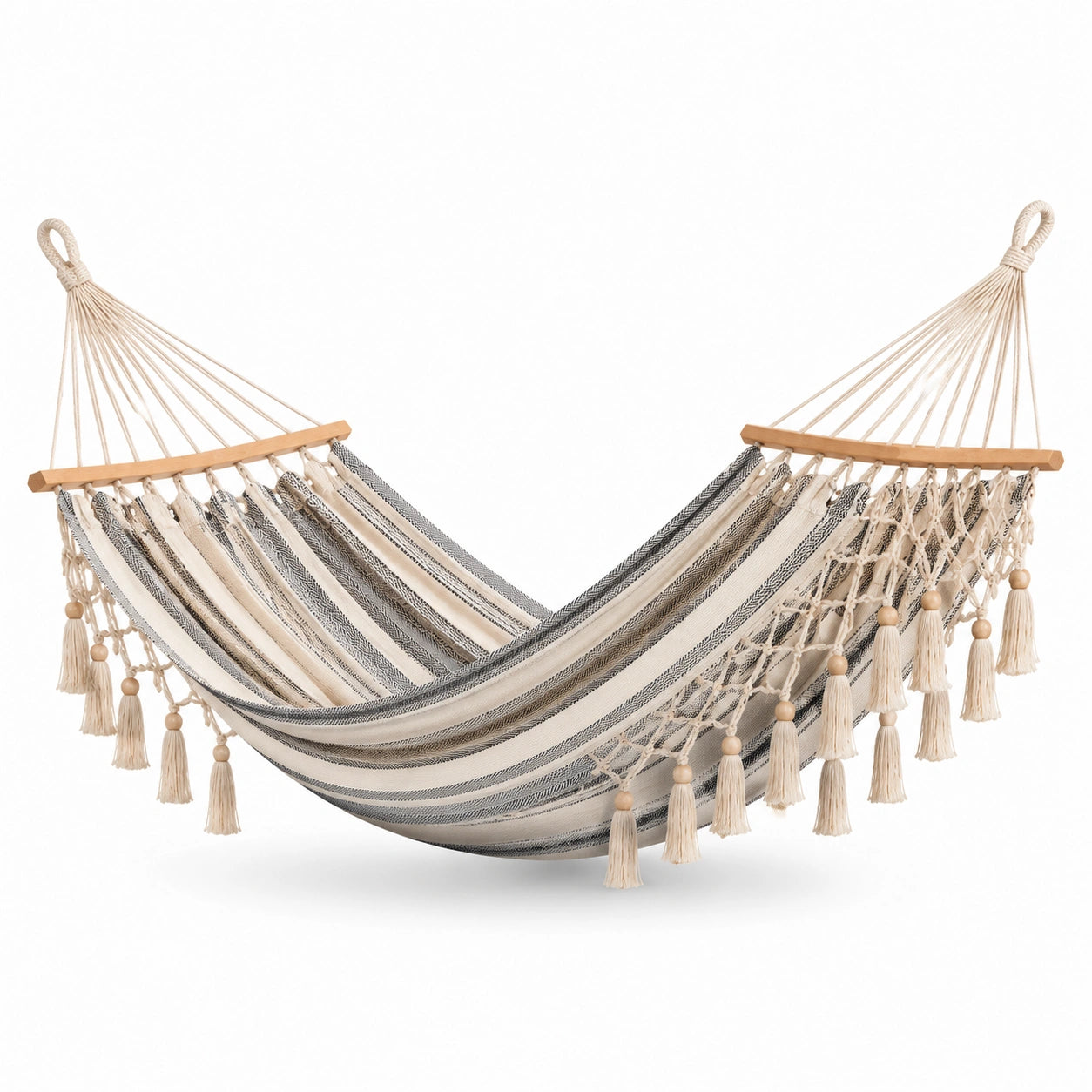 Amaca in Cotone a Righe Beige e Grigio con Nappe
