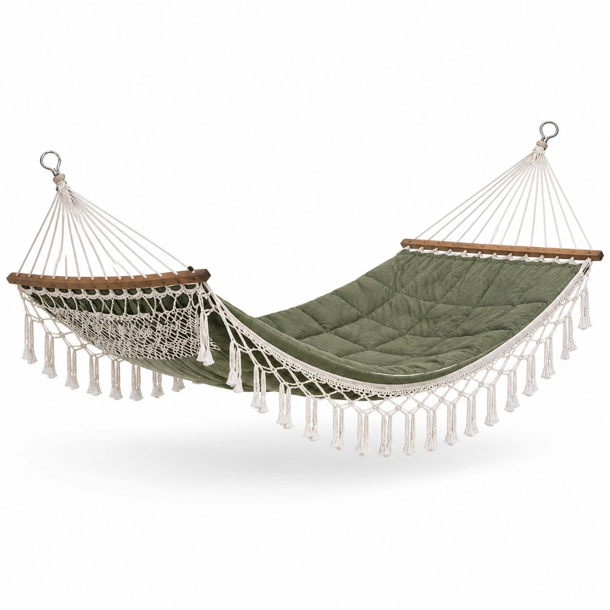 Amaca in cotone e legno verde con dettagli in frange