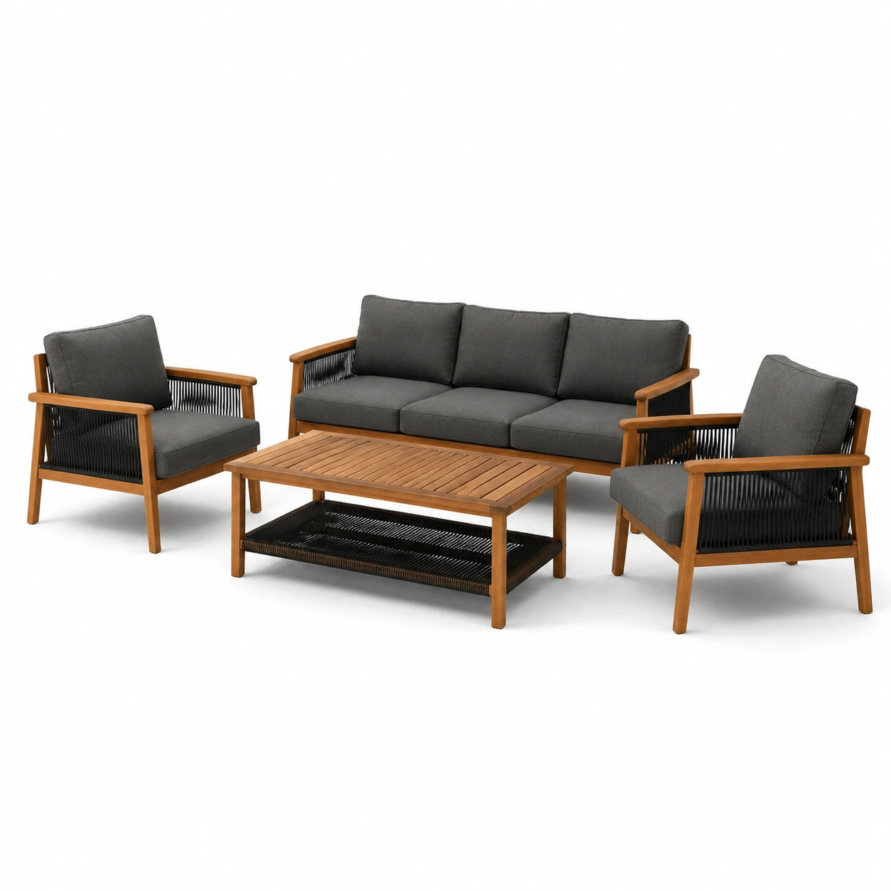 Set salotto da giardino in teak e corda con cuscini grigi