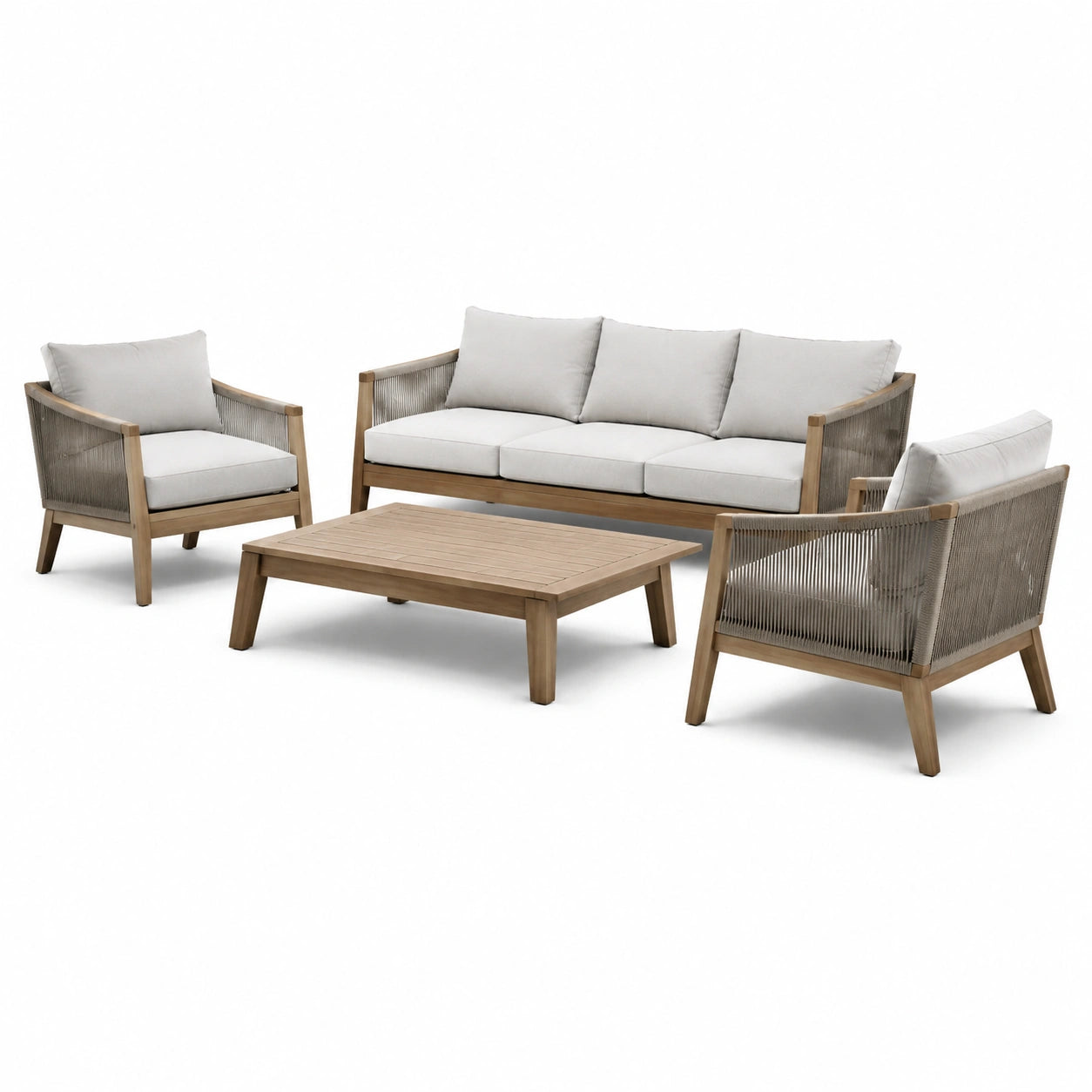 Set salotto da giardino in legno e corda con cuscini grigi