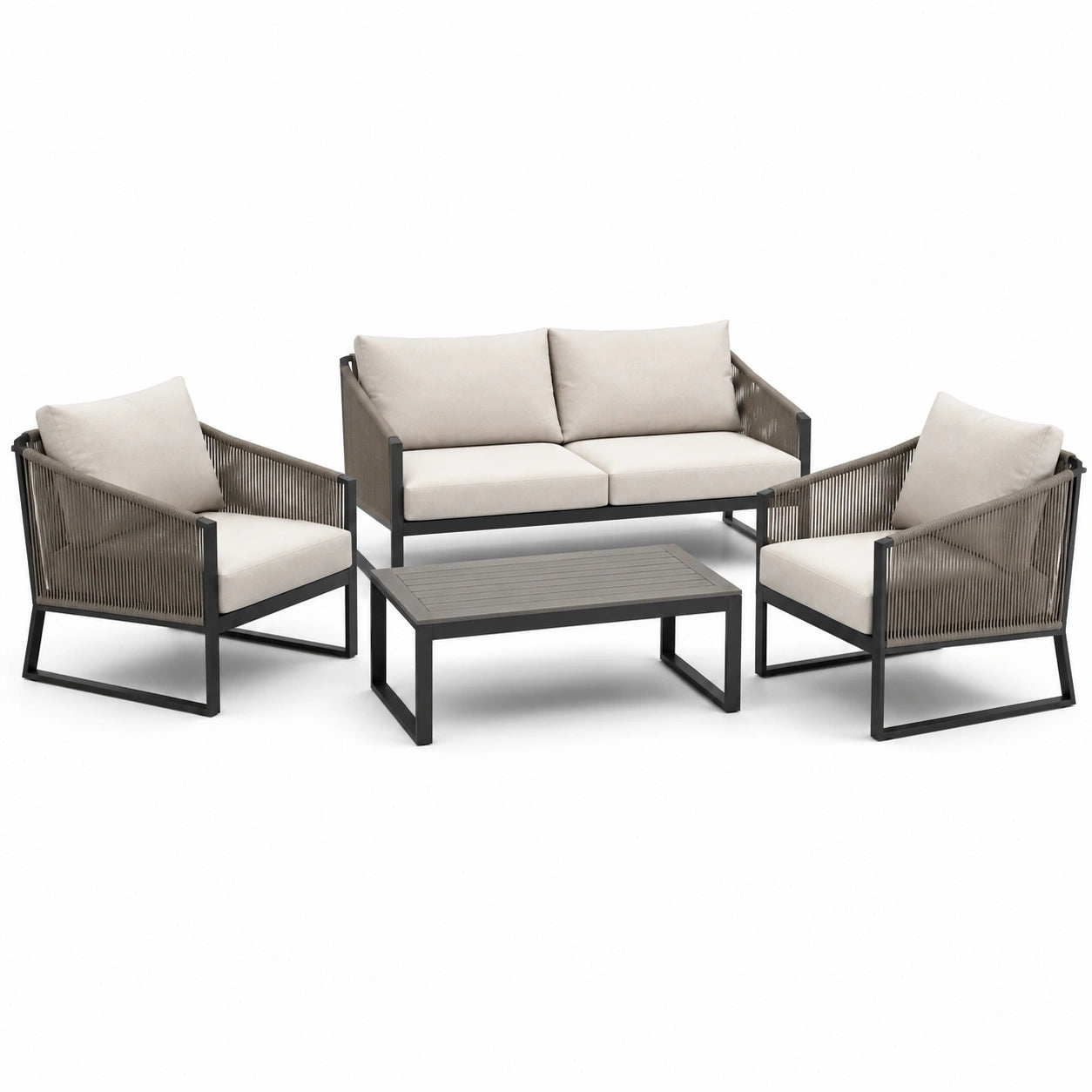 Set salotto da giardino in alluminio e corda con cuscini beige