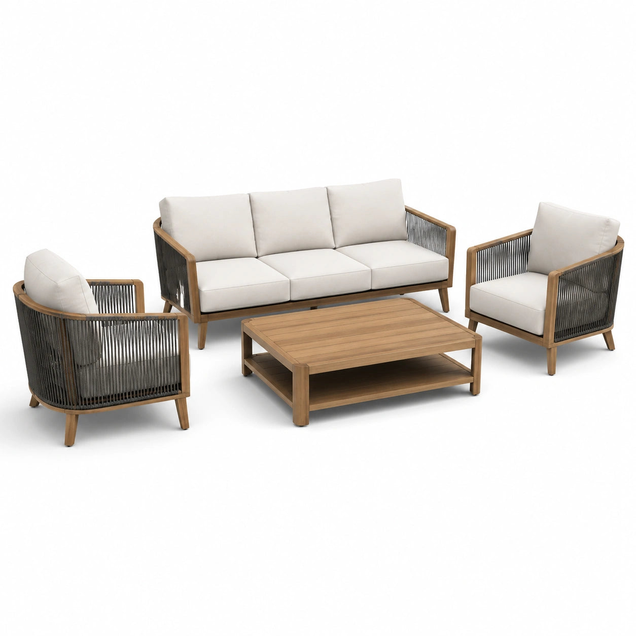 Set salotto da giardino in legno e corda con cuscini beige