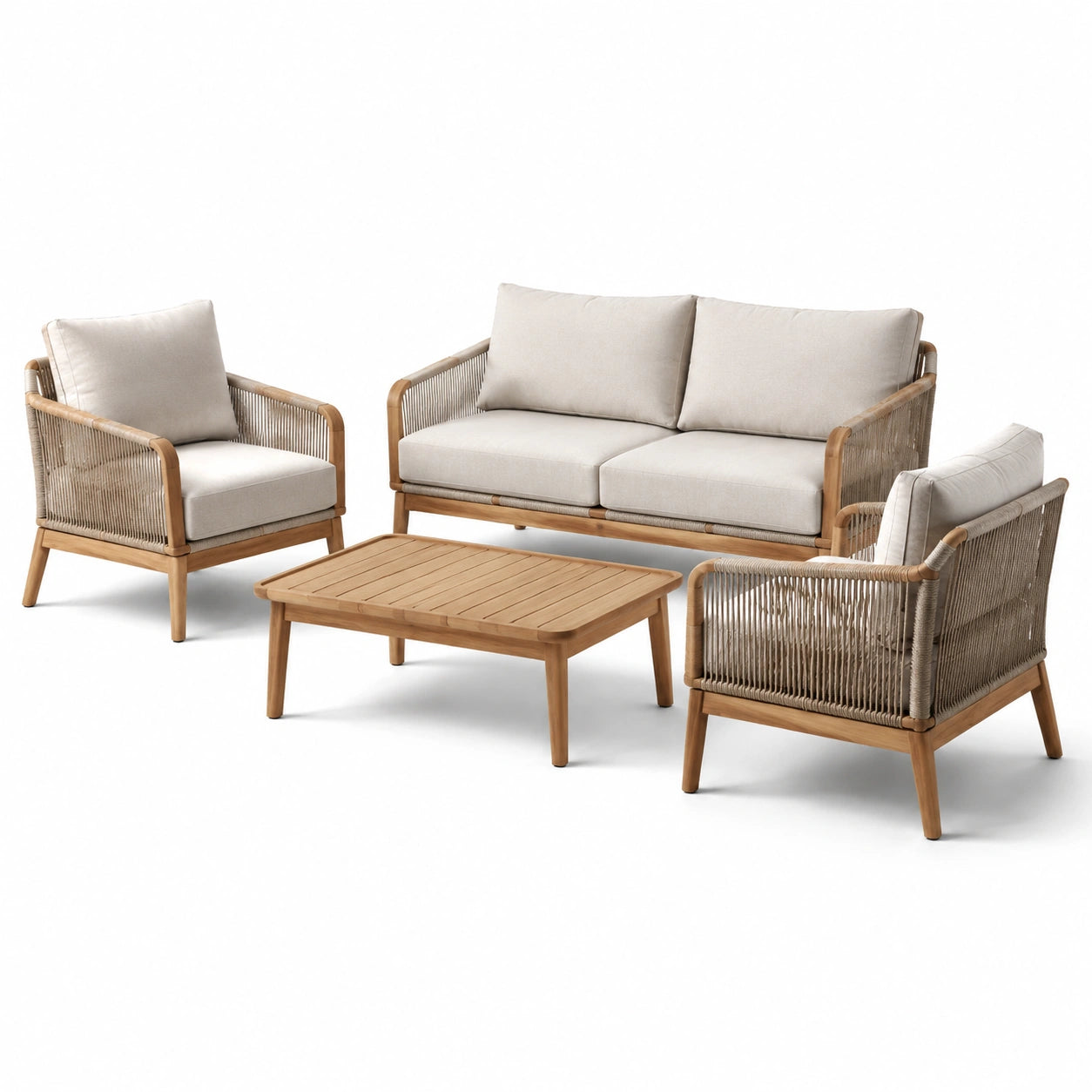 Set salotto da giardino in legno e corda beige con cuscini rimovibili