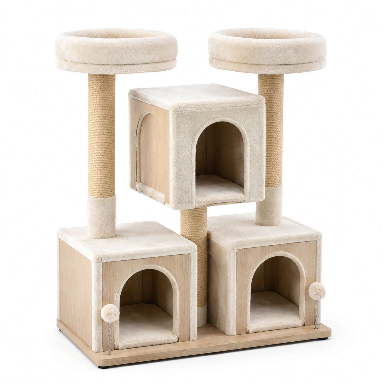 Albero tiragraffi per gatti in legno e peluche con corde in sisal beige