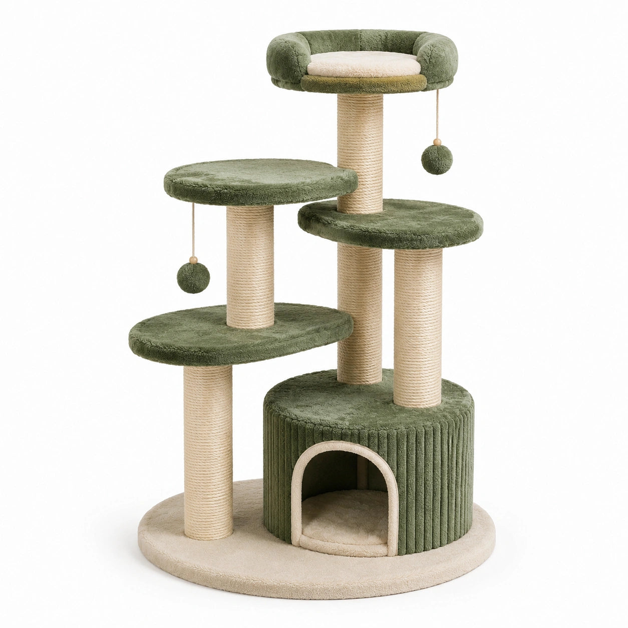 Albero Tiragraffi per Gatti in Legno con Rivestimento Verde e Beige