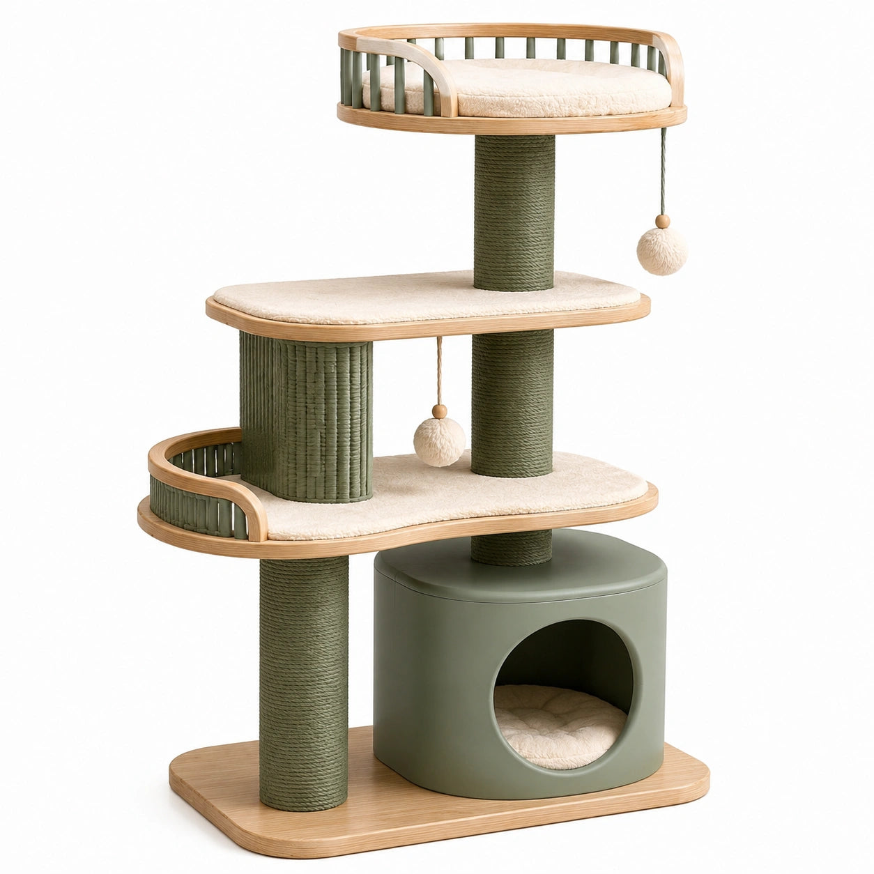 Tiragraffi per Gatti in Legno e Tessuto Poliestere Verde e Beige con Cuccia