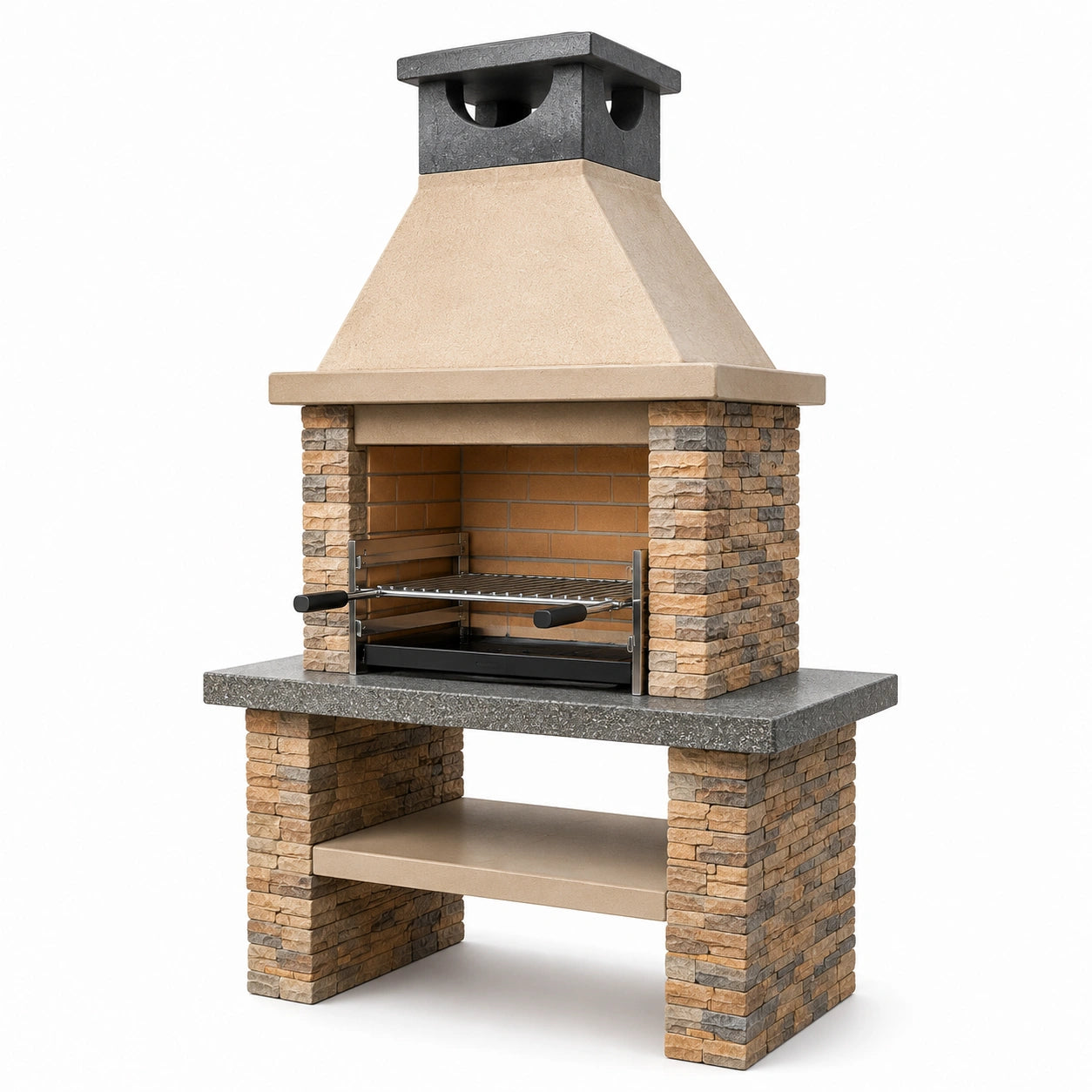 Barbecue in pietra e acciaio inox con cappa e griglia 120x80x210 cm