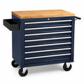 Carrello portautensili in metallo blu con piano in legno, 9 cassetti