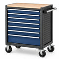 Carrello portautensili in metallo blu con 7 cassetti e piano in legno