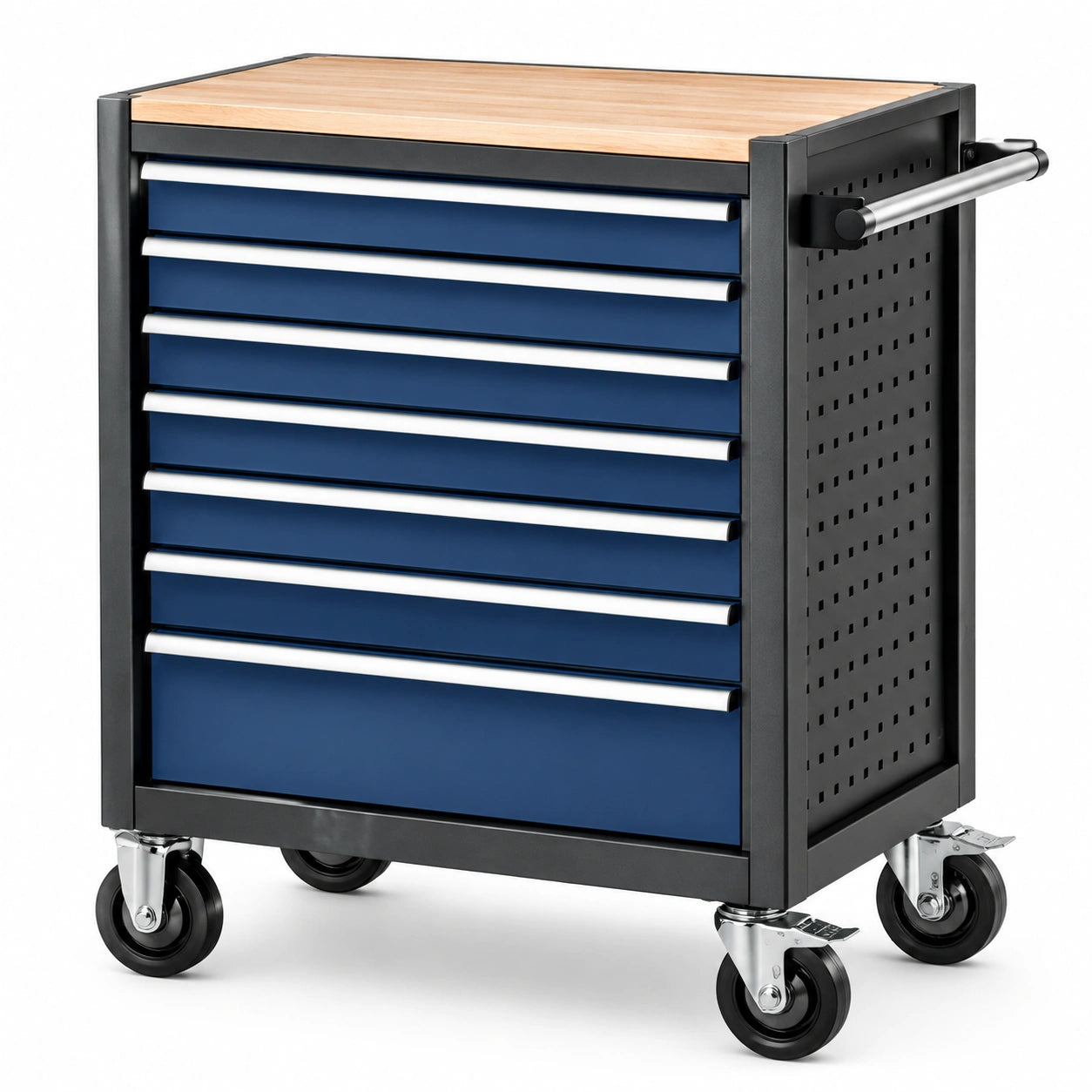 Carrello portautensili in metallo blu con 7 cassetti e piano in legno