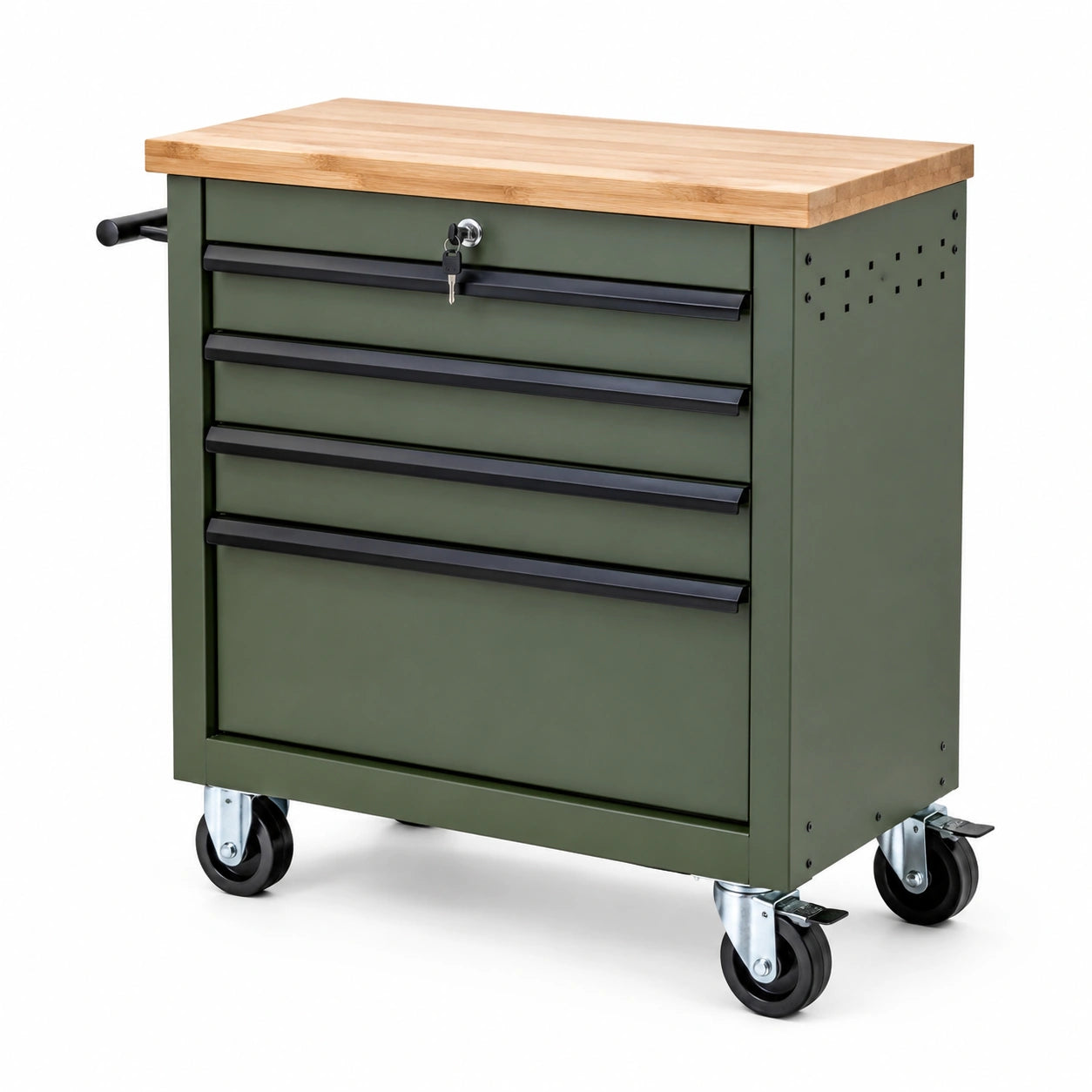 Carrello portautensili in metallo e legno con 4 cassetti verde