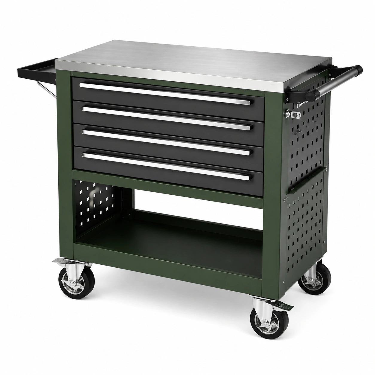 Carrello portautensili in metallo con 4 cassetti nero e verde
