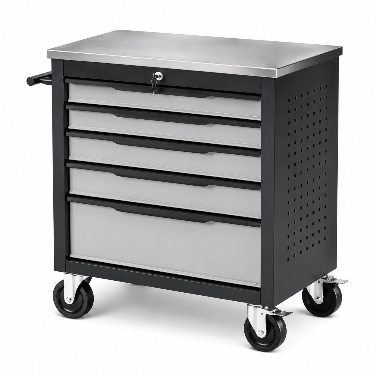 Carrello portautensili in metallo nero con 5 cassetti e ruote