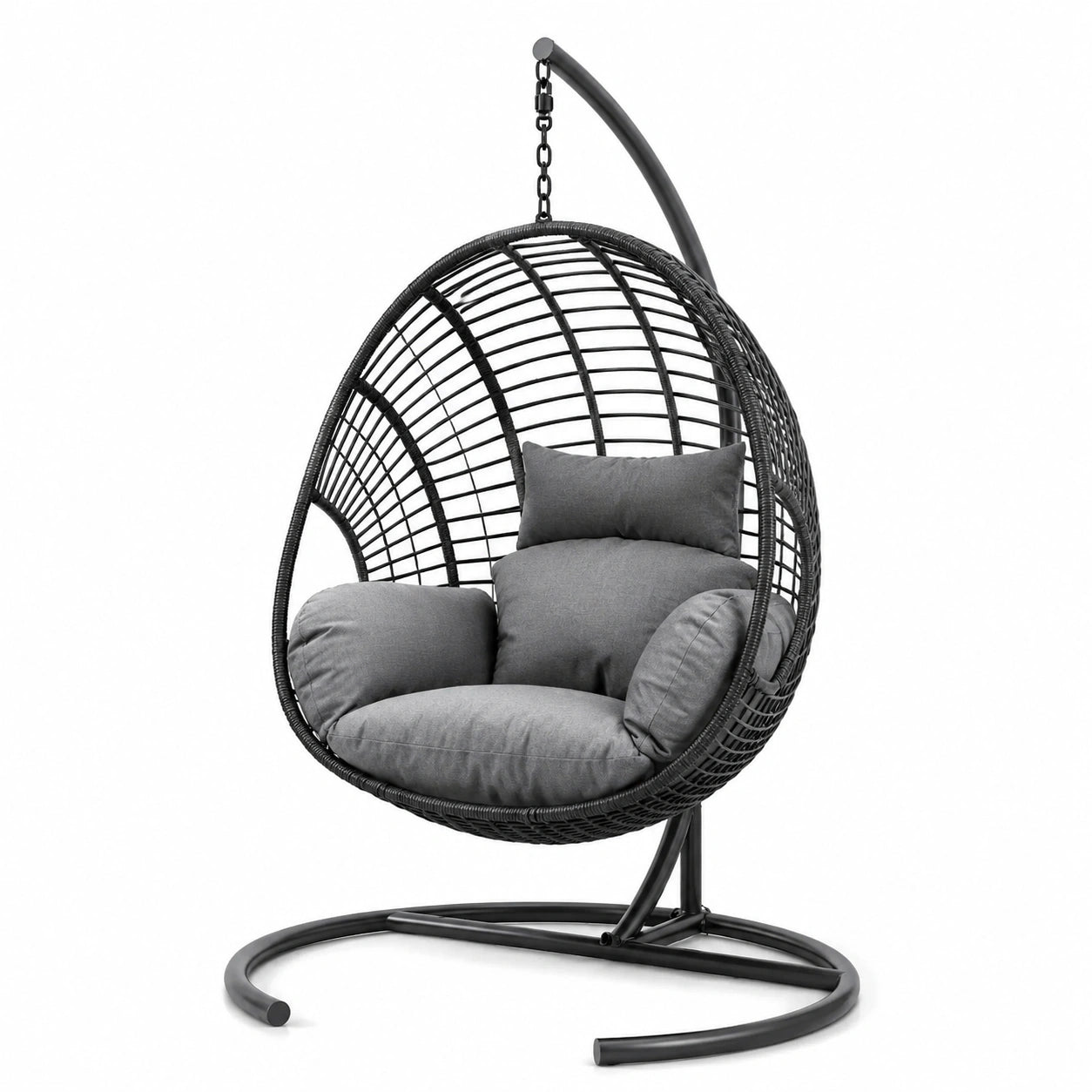 Poltrona sospesa in rattan sintetico nero con cuscini grigi