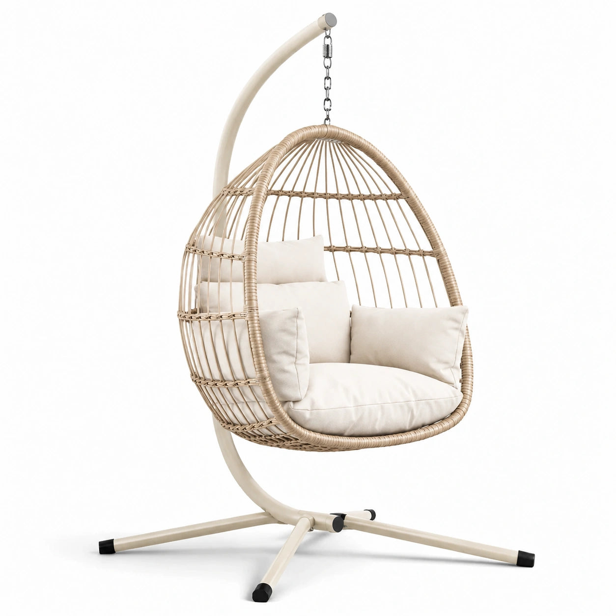 Poltrona sospesa in rattan con struttura in acciaio e cuscini, beige