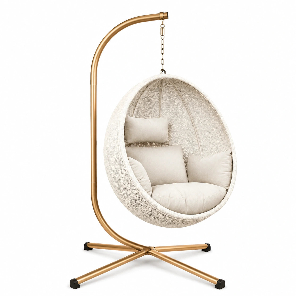 Sedia Sospesa in Tessuto Beige con Struttura in Metallo Dorato