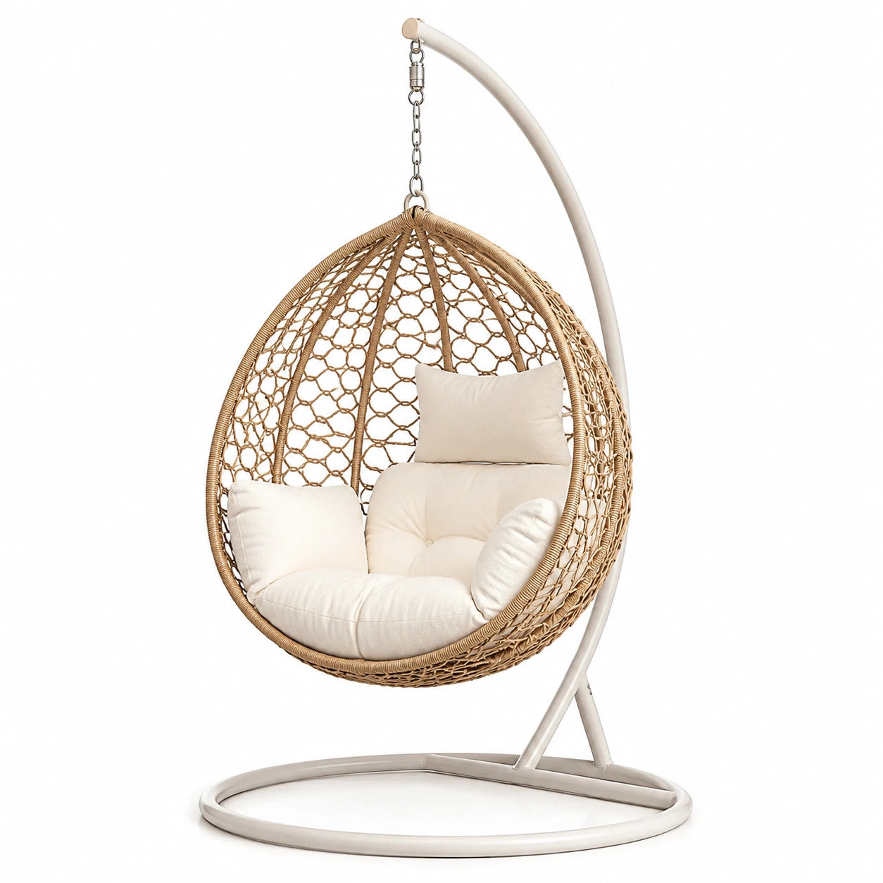 Sedia sospesa in rattan e acciaio con cuscini in cotone bianco