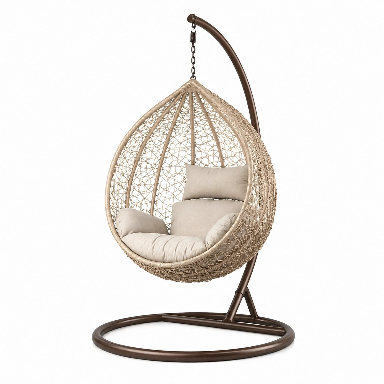 Sedia sospesa in rattan sintetico con struttura in acciaio e cuscini in poliestere, beige