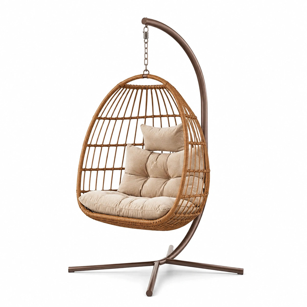 Sedia sospesa in rattan sintetico con cuscini in poliestere beige