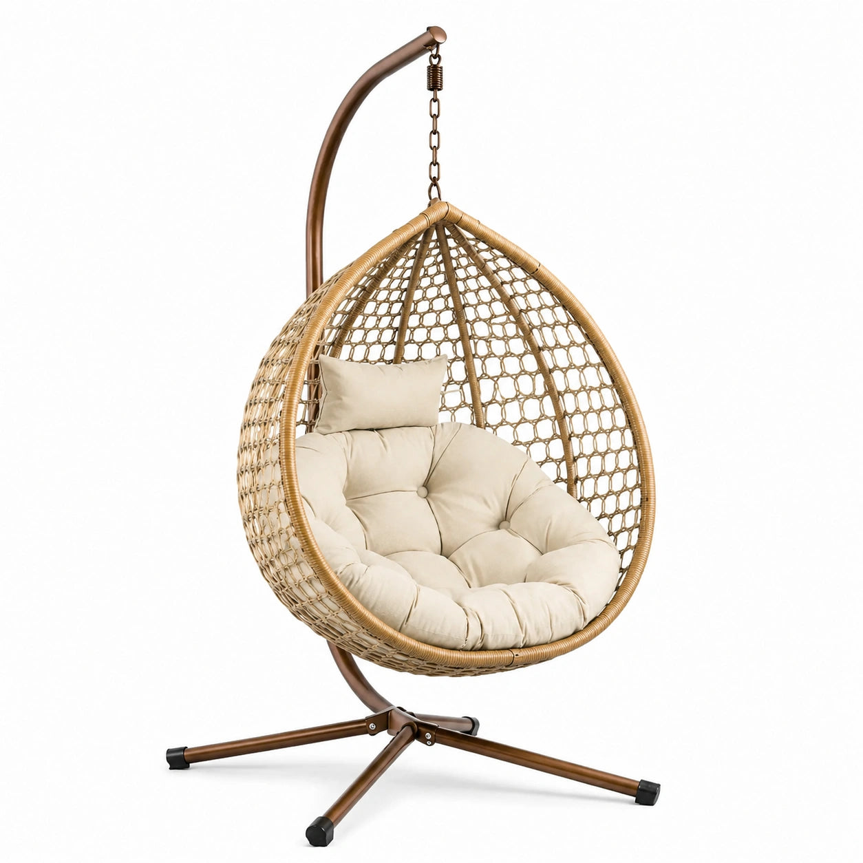 Sedia sospesa in rattan con cuscino in tessuto beige