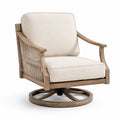 Poltrona girevole in legno e tessuto beige con seduta imbottita