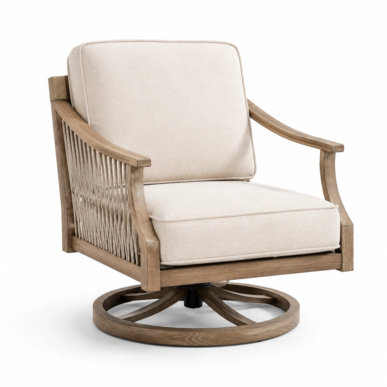 Poltrona girevole in legno e tessuto beige con seduta imbottita