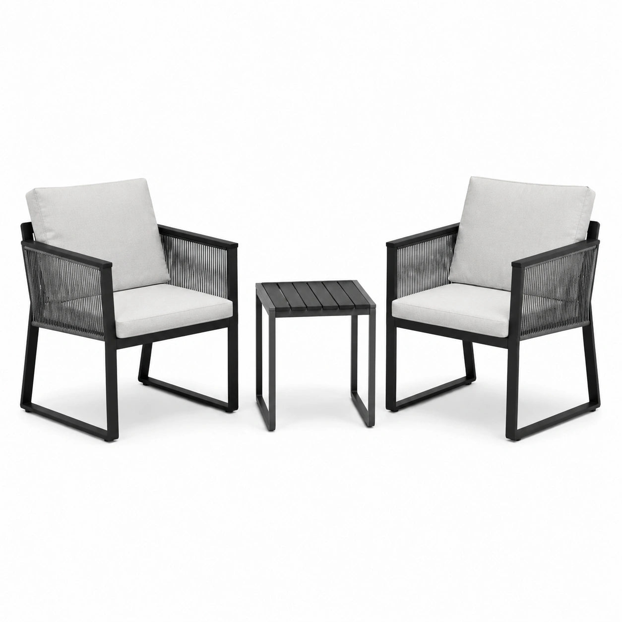 Set da giardino con 2 poltrone in metallo e cuscini grigi
