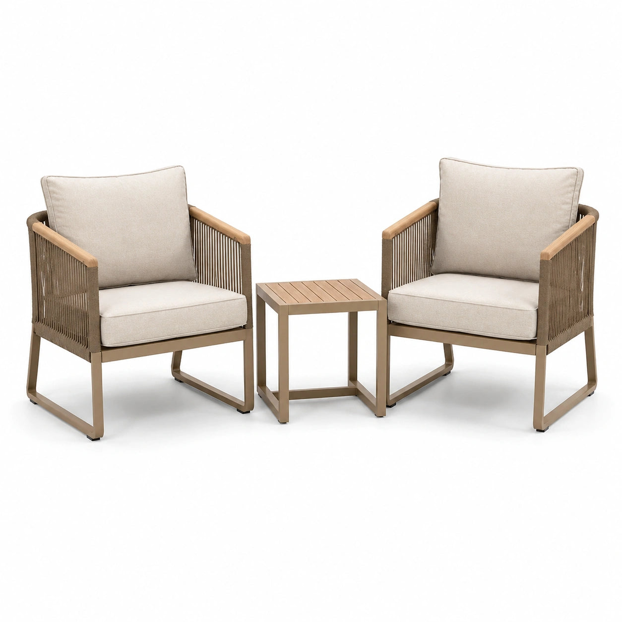 Set bistrot da giardino in alluminio e legno composito con tavolino e due poltrone