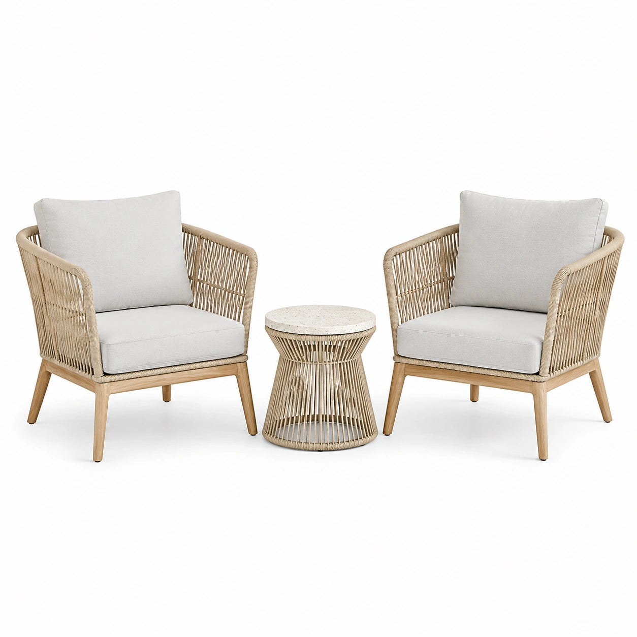 Set di sedie in rattan e tavolino con superficie in pietra