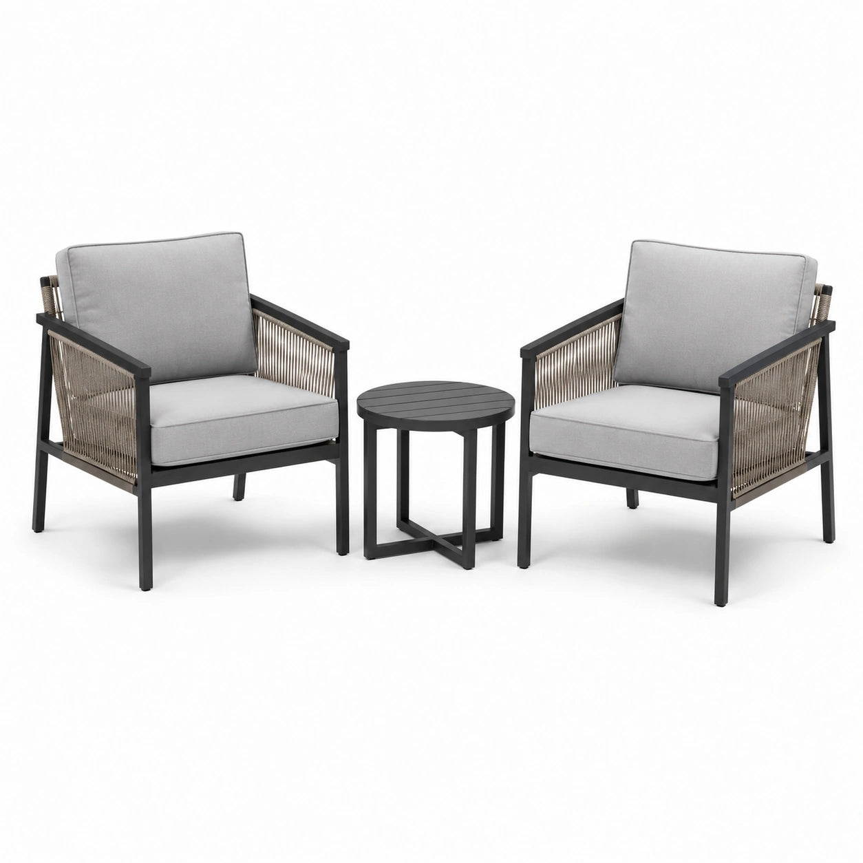 Set giardino con 2 poltrone in alluminio e tavolino, cuscini grigi