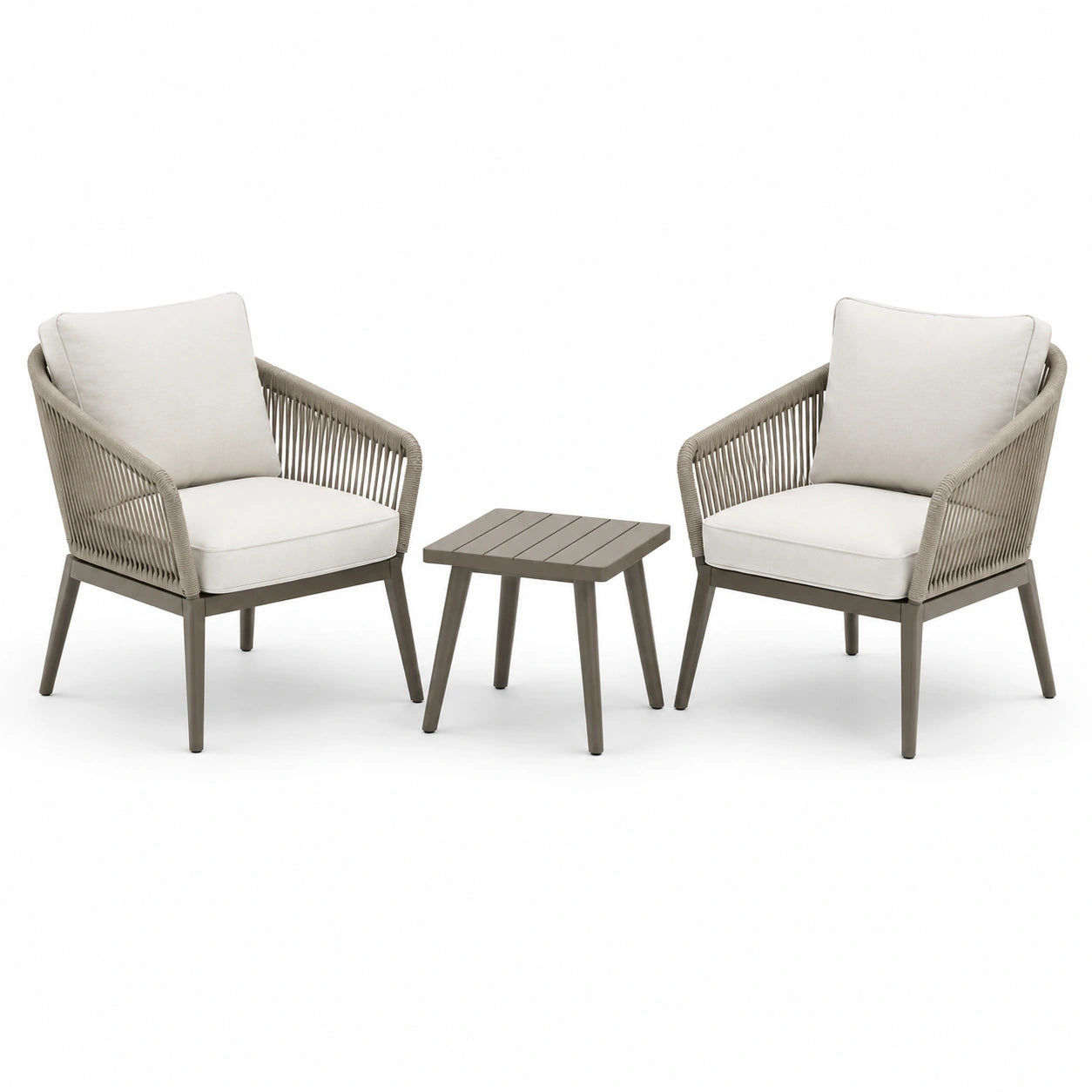 Set da giardino in metallo e tessuto beige con 2 poltrone e tavolino